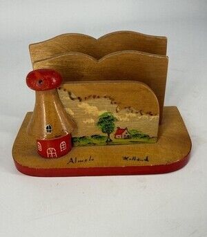 Vintage Holland Almelo Wooden Napkin Holder Windmill Hand Painted Dutch Souvenir